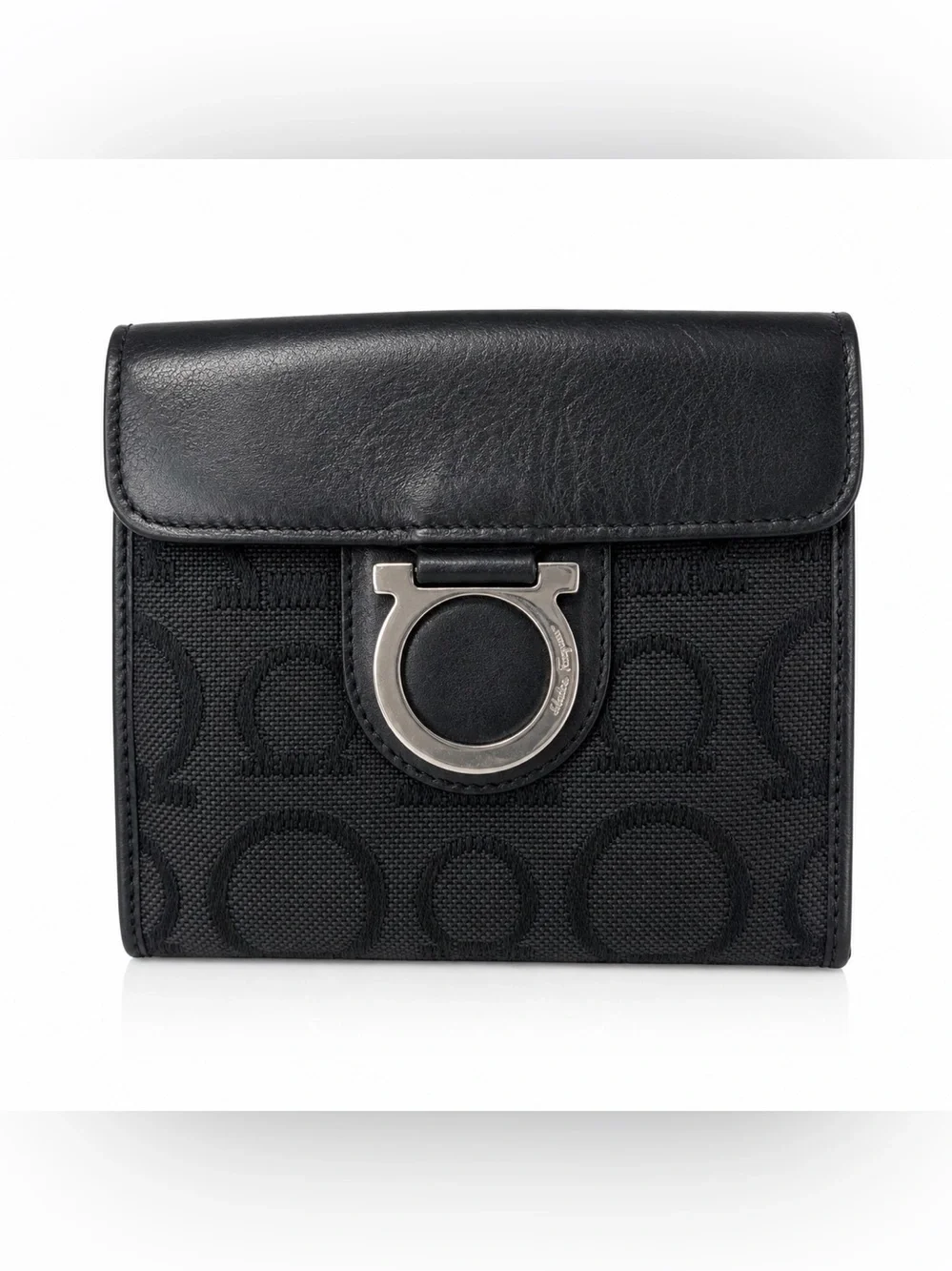 Salvatore Ferragamo Gancini Black Canvas Leather Wallet Compact Bifold Designer